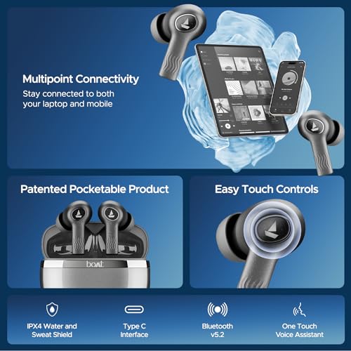 boAt Nirvana Ion, 120HRS Battery, Crystal Bionic Sound w/Dual EQ Modes, 4Mics ENx, App Support, Low Latency, IPX4, v.5.2 Bluetooth Earbuds, TWS Ear Buds Wireless Earphones with mic (Charcoal Black)