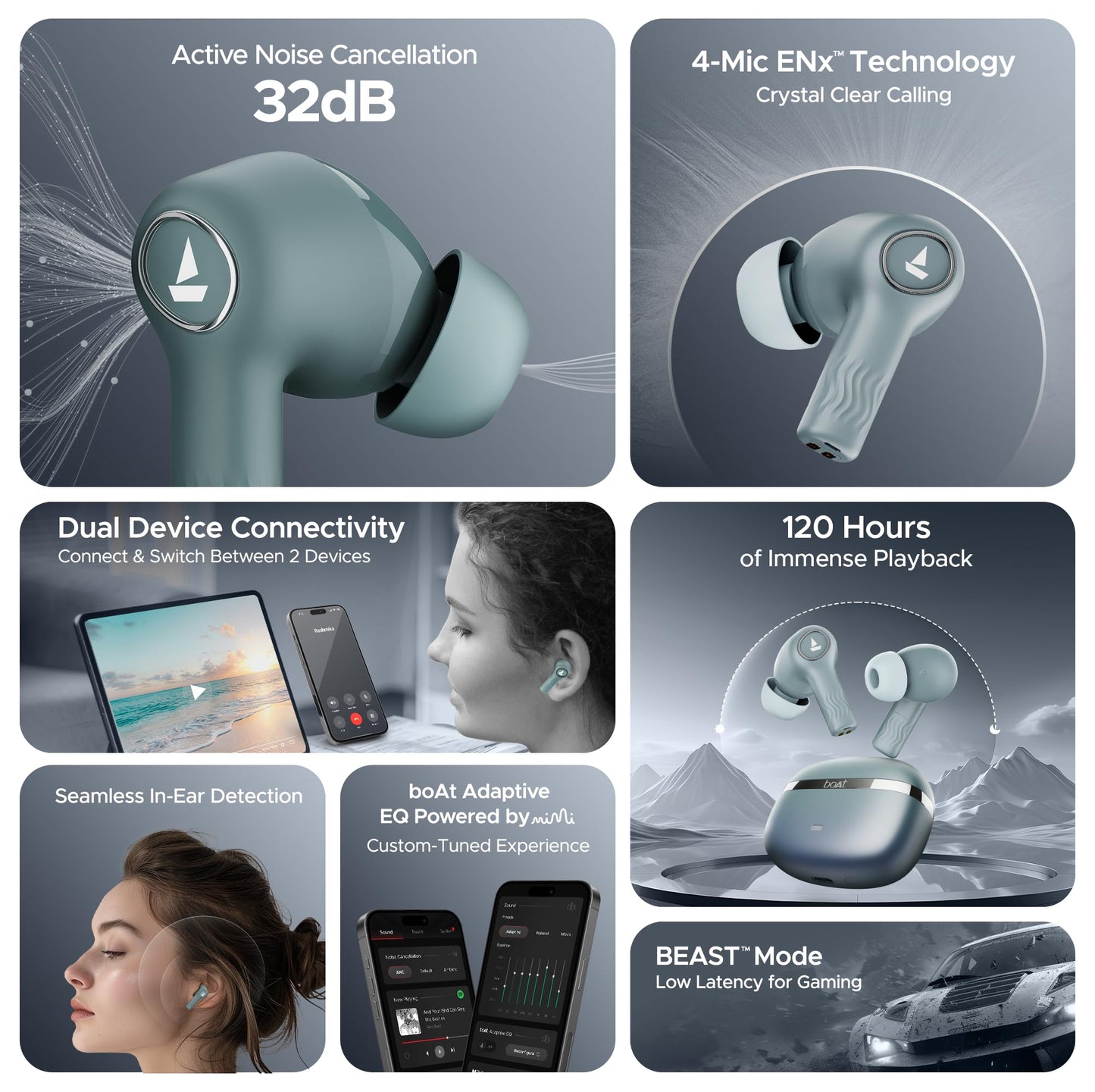 boAt Nirvana Ion, 120HRS Battery, Crystal Bionic Sound w/Dual EQ Modes, 4Mics ENx, App Support, Low Latency, IPX4, v.5.2 Bluetooth Earbuds, TWS Ear Buds Wireless Earphones with mic (Charcoal Black)